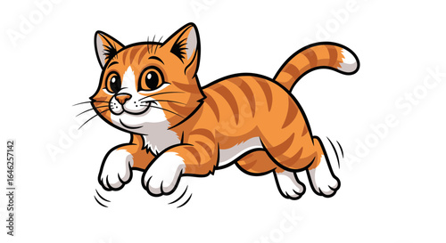 Playful Orange Cat Illustration, Jumping with Joy, Cartoon Style, Whimsical Environment, Fun Concept