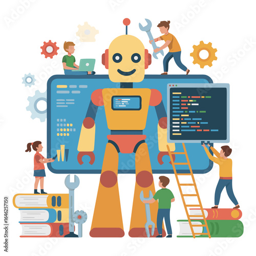 Vector art of children learning about robotics and programming with a friendly robot, symbolizing education, technology, and future innovation in a collaborative environment
