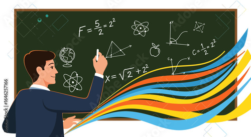 A Teacher Explaining Concepts on a Chalkboard with Colorful Visuals in a Classroom Setting