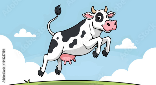 Jumping Cow Illustration, Animal, Cartoon Style, Farm Setting, Playful Environment, Side View, Fun Concept