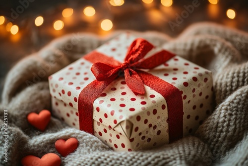 Gift Wrapped in Red Ribbon on Cozy Knitted Blanket With Festive Lights in Bac...