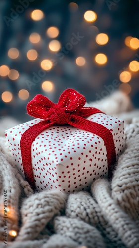 Gift Wrapped in Polka Dot Paper on Cozy Knit Blanket With Festive Bokeh Lights