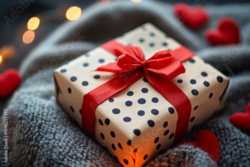 Gift Wrapped in Polka Dot Paper on Cozy Knit Blanket With Festive Bokeh Lights.