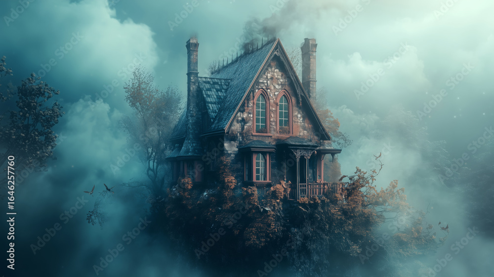 Fototapeta premium A Victorian-style house rises above the trees on a floating piece of land with a foggy background, fantasy art, dark and mysterious.