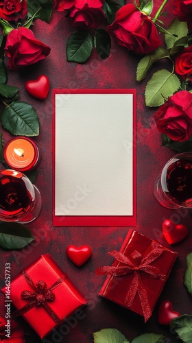 Romantic Setup With Red Roses, Candles, and a Blank Card for Heartfelt Messages.