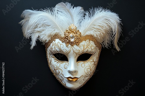 Elegant White and Gold Masquerade Mask With Feathers Displayed on a Dark Back...