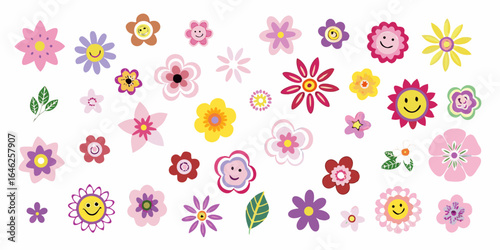 Collection of cheerful cartoon flowers with smiling faces and leaves