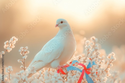 White Dove Perched on Blooming Flowers With Colorful Ribbons During Sunset