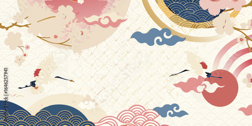 Japanese inspired design with cranes and cherry blossoms