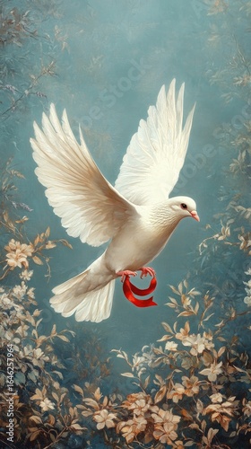 White Dove Soaring Gracefully Amidst Delicate Foliage in Bright Sunlight.