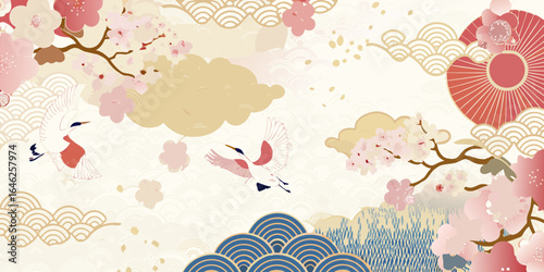 Japanese cranes and cherry blossoms with traditional waves and clouds
