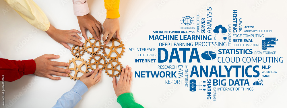 Obraz premium A dynamic team collaborates with gears to symbolize the integration of data analytics and technology, reflecting modern solutions in machine learning and cloud computing. Amity