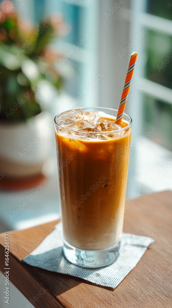 Refreshing iced coffee with creamy layers, served in a clear glass with orange striped straw, sitting on a textured napkin against a soft, blurred background of greenery and windows Refreshing iced coffee with creamy layers, served in a clear glass with orange striped straw, sitting on a textured napkin against a soft, blurred background of greenery and windows