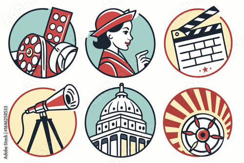 Vector art of collection of vintage film and movie industry icons isolated on white background
