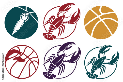 Illustration of snake, lobster, and basketball isolated on white background