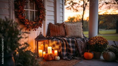 Cozy autumn evening on a rustic farmhouse porch with warm candlelight, plaid blanket, and seasonal decorations creating an inviting seasonal atmosphere at sunset