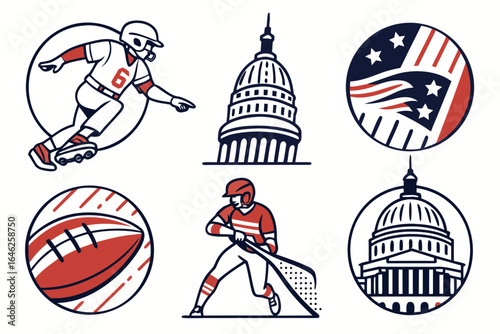 Vector art of collection of american sports and patriotic icons isolated on white background