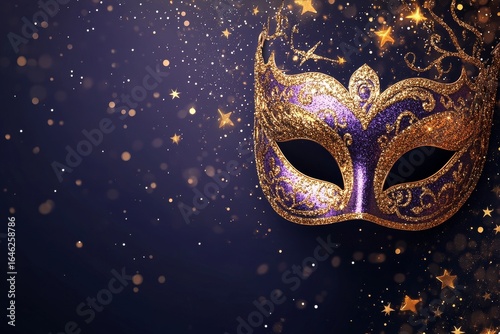 Glittering Purple and Gold Masquerade Mask With Stars on Dark Backdrop