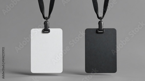 Two blank employee ID badges hanging against a gray background, ready for event access