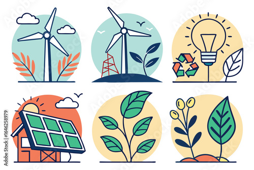 Vector art of renewable energy vector icons set representing clean power sources