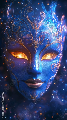 Blue Masquerade Mask With Intricate Design Surrounded by Sparkling Lights at ...