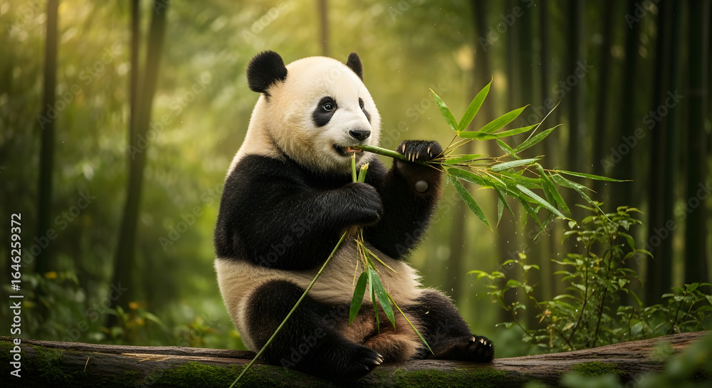 Obraz premium Adorable panda bear cub enjoys fresh bamboo amidst lush forest, capturing nature's peace and serenity