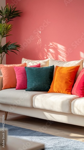 Cozy Living Room With Colorful Cushions and Vibrant Wall Design in Bright Day...