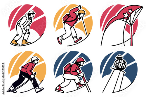 Vector art of mountaineering and hiking vector icons isolated on white background