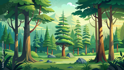 A variety of evergreen trees rise proudly in a lush green forest landscape, their dense canopies sheltering mossy ground, creating a serene, timeless beauty in semi-realistic natural splendor.