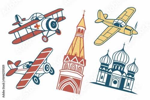 Vector art of vintage airplanes and moscow landmarks isolated on white background