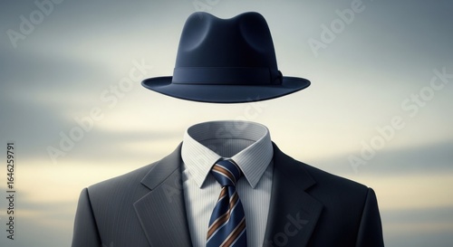 An invisible man wearing a suit with a tie and a hat floating above the suit against a cloudy sky