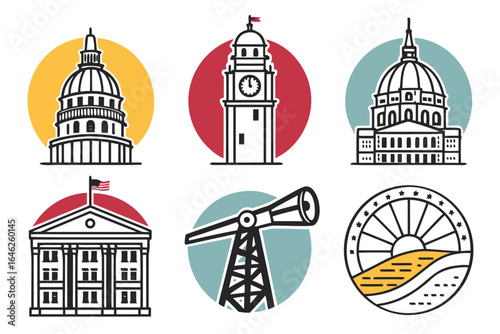 Vector art of government building and landscape icons set isolated on white background