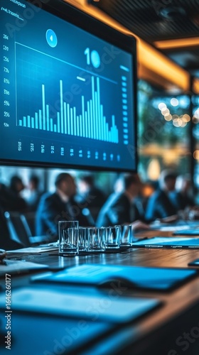 Business Professionals Analyze Financial Data on a Large Display in a Modern ...