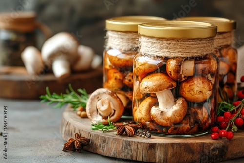 Preserved Mushrooms in Jars Displayed on Wooden Table With Herbs and Fresh Mu...