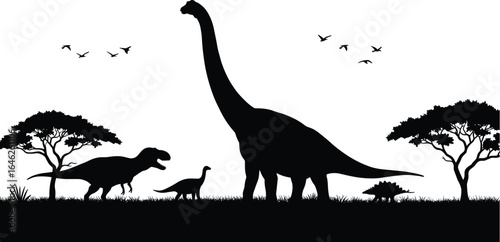 Flat Vector Illustration of Silhouetted Dinosaurs Roaming a Prehistoric Landscape with Tall Trees and Flying Reptiles in a Timeless Scene, Must-Have Adobe Stock Asset