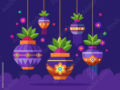 Hanging Matki Pots with Flowers on Dark Background