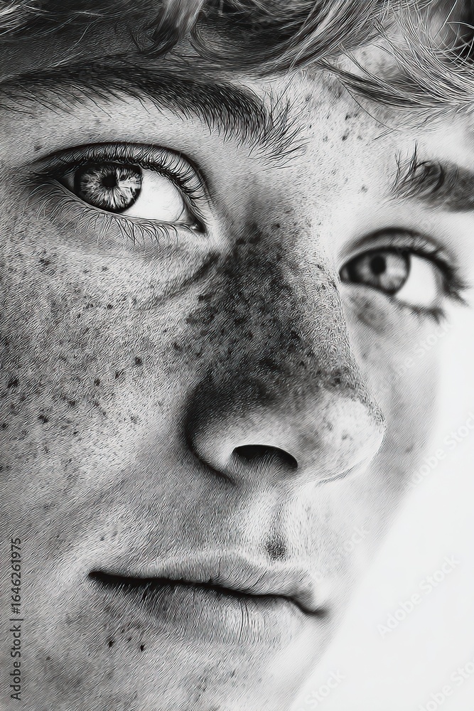 Naklejka premium Close-up portrait of a young person with freckles and expressive eyes in black and white