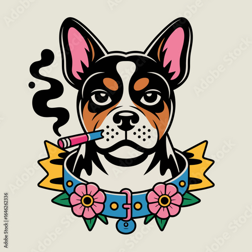 Criar cachorro raça staff cinza fêmea fumando estilo tattoo old school.