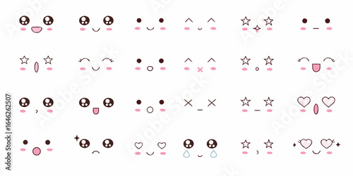 Collection of cute kawaii anime emoticon faces with various expressions