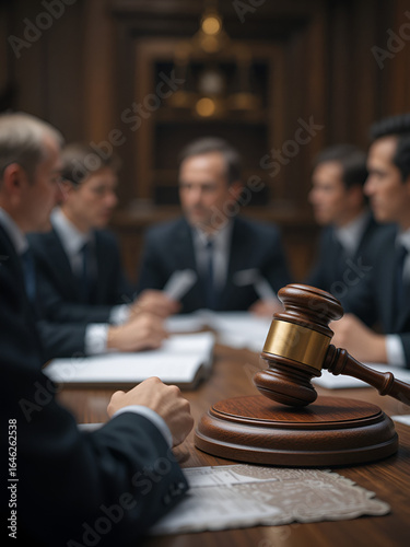 Judicial decision making: gavel focus with lawyers discussing in background