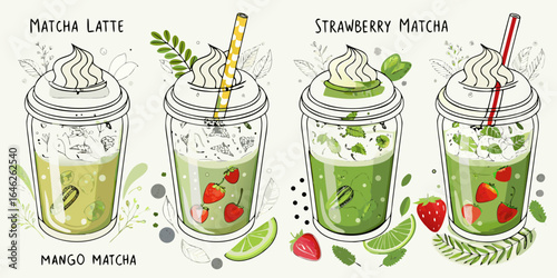 Delicious matcha drinks with fruit and whipped cream