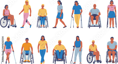Diverse disabled people vector illustration, wheelchair users, crutch users, inclusive design characters, flat style people, disability representation, mobility aid