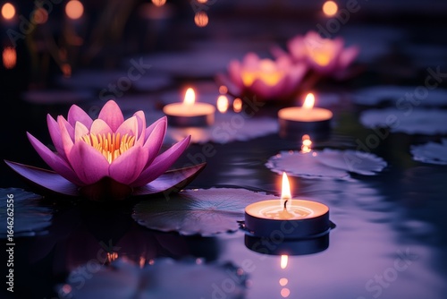 Lotus Flowers and Candles Illuminate a Tranquil Pond at Dusk