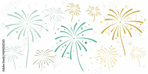 Festive teal and gold fireworks display on white background