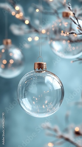 Clear Glass Ornaments Hang on a Winter Tree With Soft Bokeh Lights in the Bac...