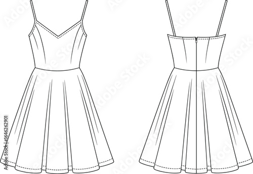 Women’s sleeveless dress, fitted bodice, flared skirt, front and back views, fashion CAD drawing, vector illustration, garment technical sketch, clothing design blueprint