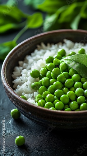 Fresh Green Peas on a Bed of Fluffy White Rice in an Earthy Bowl at a Rustic ...