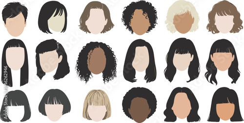 Flat vector illustration of various female hairstyles and haircuts, faceless heads, diverse hair types and styles, fashion hair template design