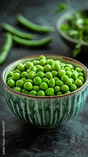 Fresh Green Peas on a Bed of Fluffy White Rice in an Earthy Bowl at a Rustic ...