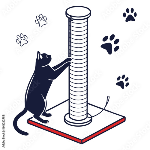 Cat scratching post with a cat and paw prints, playful and engaging illustration for feline care